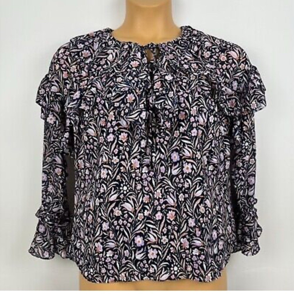 Floral Ruffle Long Sleeve Blouse Navy Pink Tiered Tie Neck Top - Picture 2 of 6